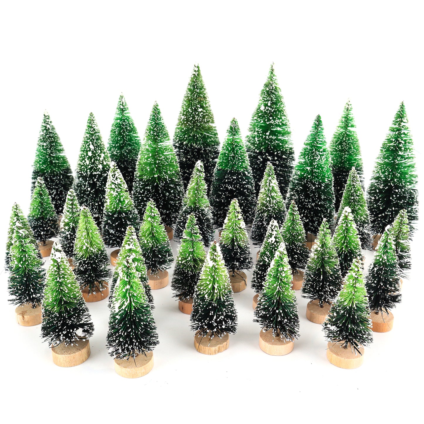 34Pcs Mini Christmas Trees - Artificial Christmas Tree Bottle Brush Trees with 5 Sizes, Snow Trees with Wooden Base for Christmas Decor Christmas Party (Grass Green)