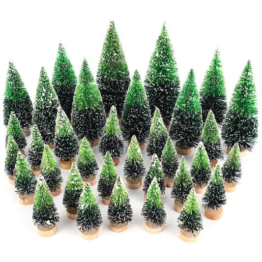 34Pcs Mini Christmas Trees - Artificial Christmas Tree Bottle Brush Trees with 5 Sizes, Snow Trees with Wooden Base for Christmas Decor Christmas Party (Grass Green)