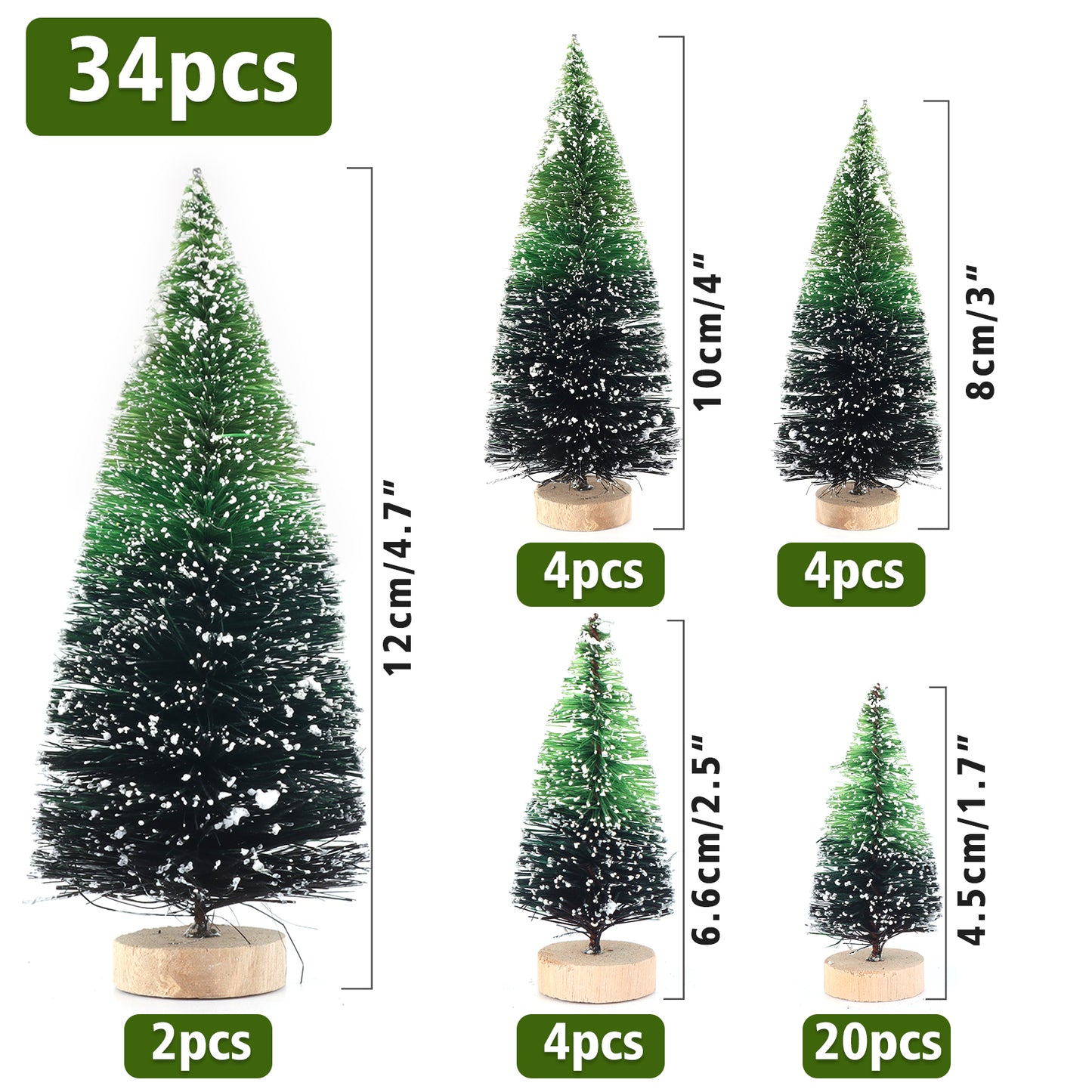 34Pcs Mini Christmas Trees - Artificial Christmas Tree Bottle Brush Trees with 5 Sizes, Snow Trees with Wooden Base for Christmas Decor Christmas Party (Grass Green)