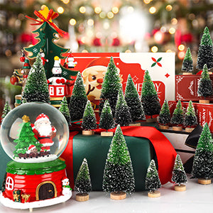 34Pcs Mini Christmas Trees - Artificial Christmas Tree Bottle Brush Trees with 5 Sizes, Snow Trees with Wooden Base for Christmas Decor Christmas Party (Grass Green)