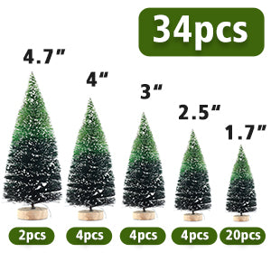 34Pcs Mini Christmas Trees - Artificial Christmas Tree Bottle Brush Trees with 5 Sizes, Snow Trees with Wooden Base for Christmas Decor Christmas Party (Grass Green)