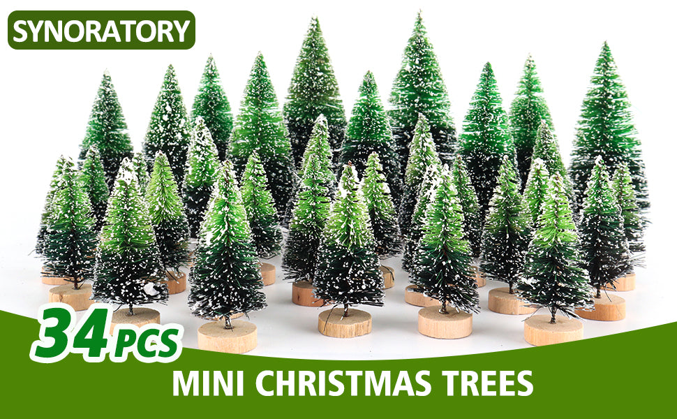 34Pcs Mini Christmas Trees - Artificial Christmas Tree Bottle Brush Trees with 5 Sizes, Snow Trees with Wooden Base for Christmas Decor Christmas Party (Grass Green)